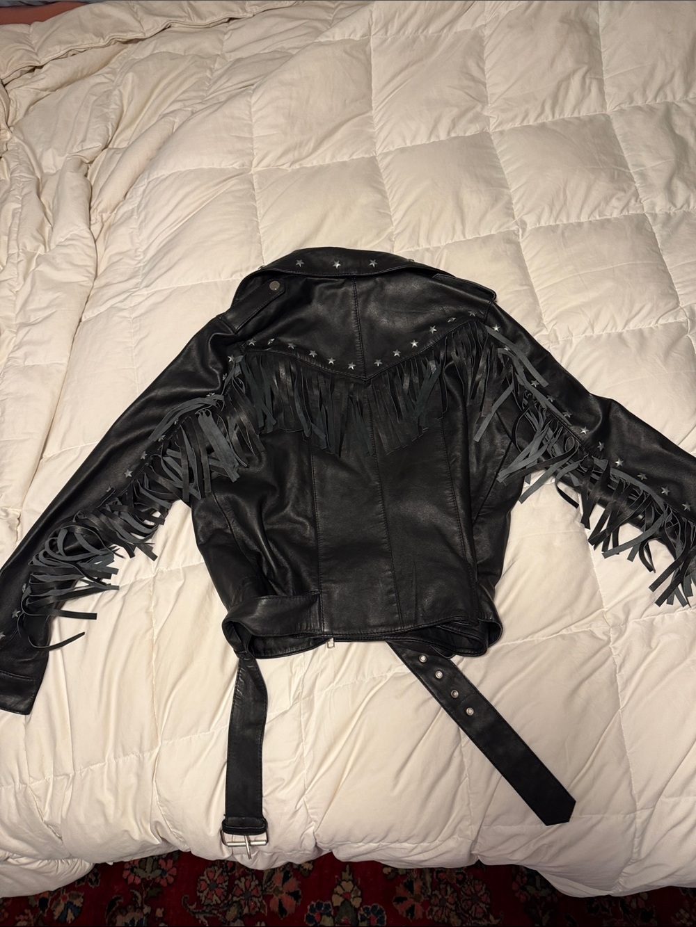 Barneys New York Black Leather Fringe Star-Stud Moto Jacket - Picture 3 of 3